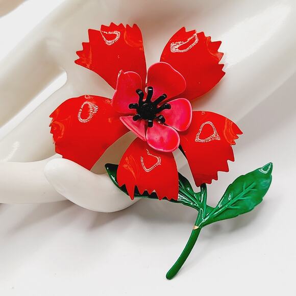 Vintage 1960s Red Green Enamel Flower Brooch - Picture 1 of 10